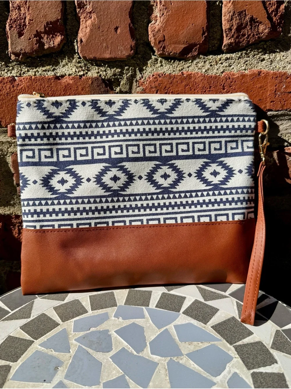 Aztec Crossbody & Wristlet Bag  Navy and White with Faux Leather Accents